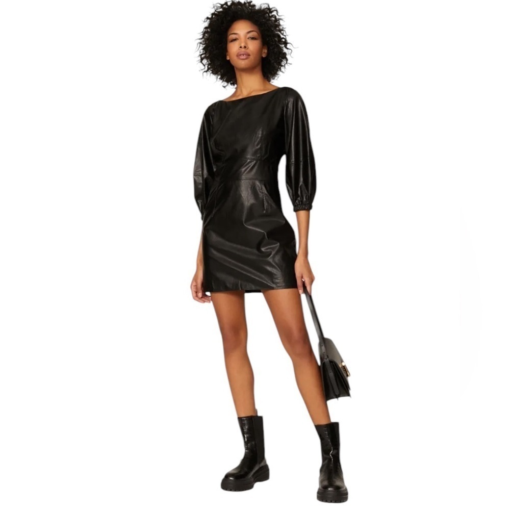 NWT ba&sh Faux Leather Robe Sae Puff Sleeve Mini Dress – Black, XS, $450 Retail